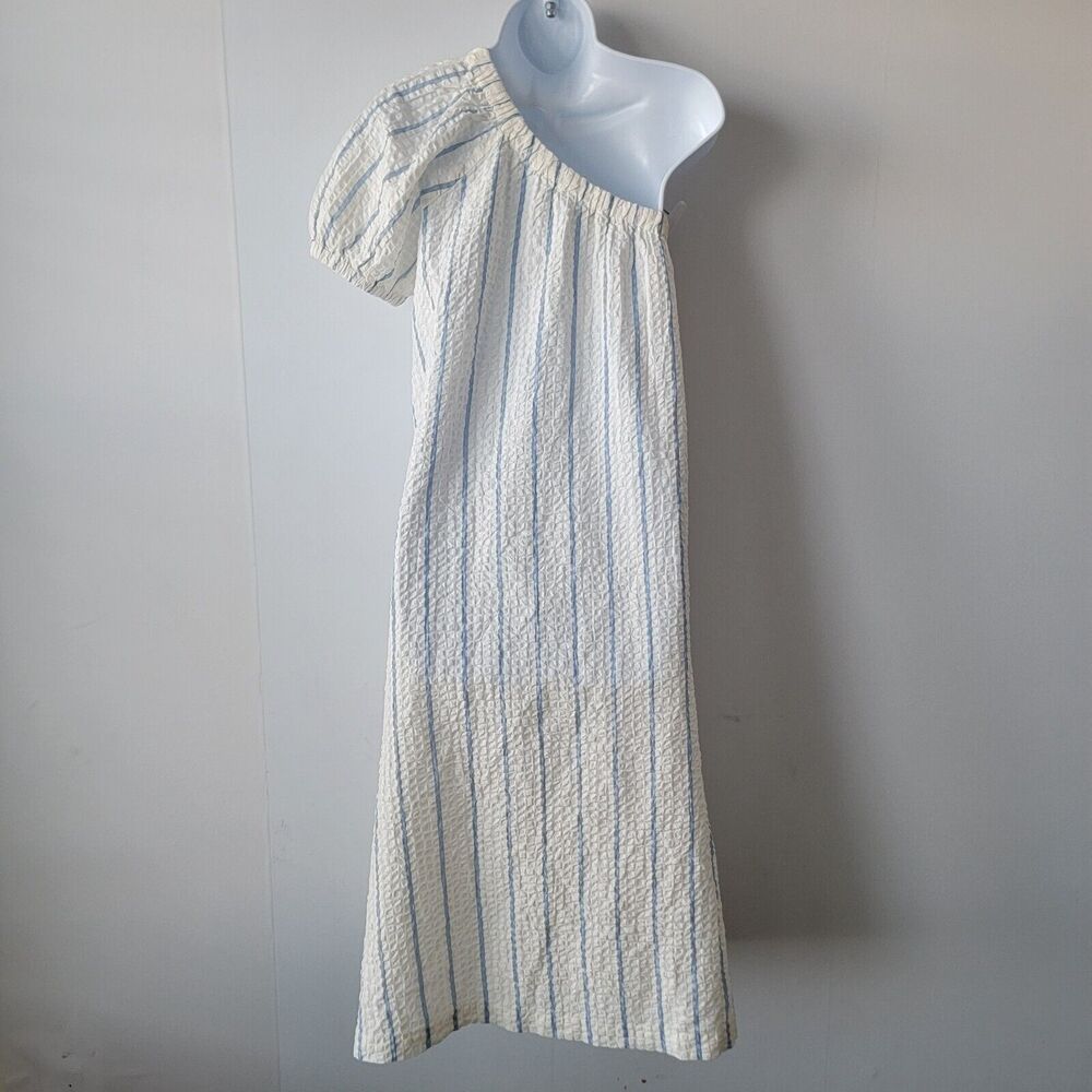 madewell Seersucker One-Shoulder Puff-Sleeve Midi Dress in Stripe size M - Picture 3 of 10